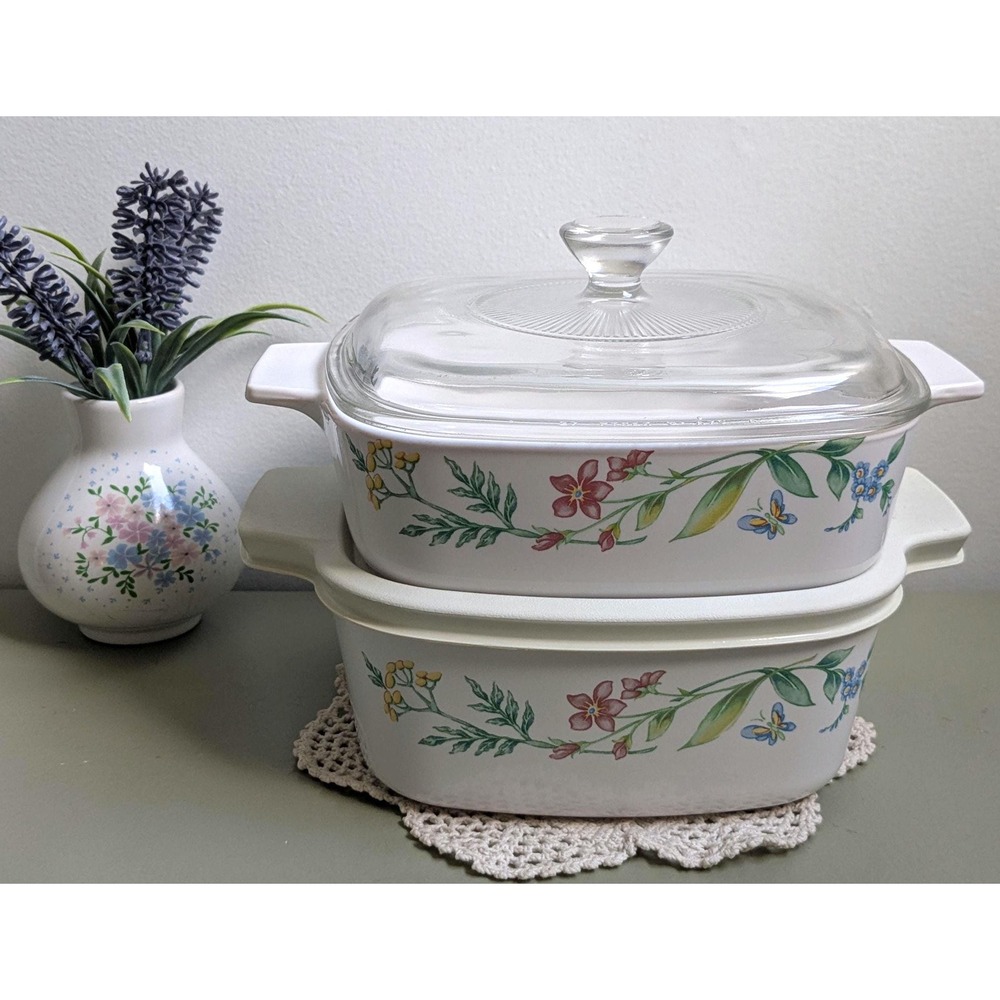 Vintage Corning Ware Wildflower Set A-1-B A-1.5-B Glass & Plastic Lids